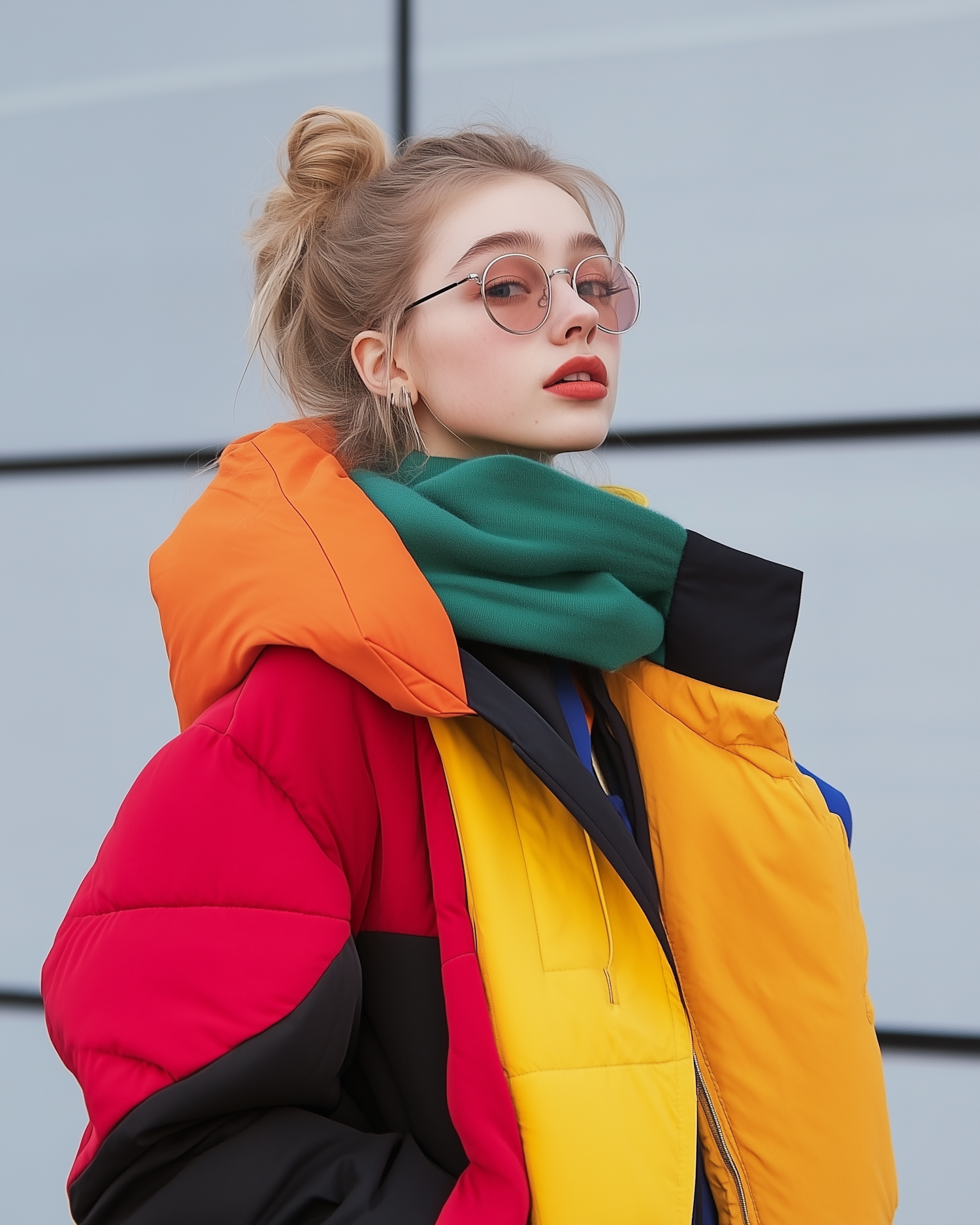 Fashionable Young Woman in Colorful Attire