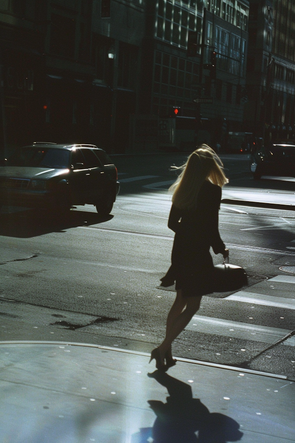 Urban Contrast: Woman Crossing the City Street