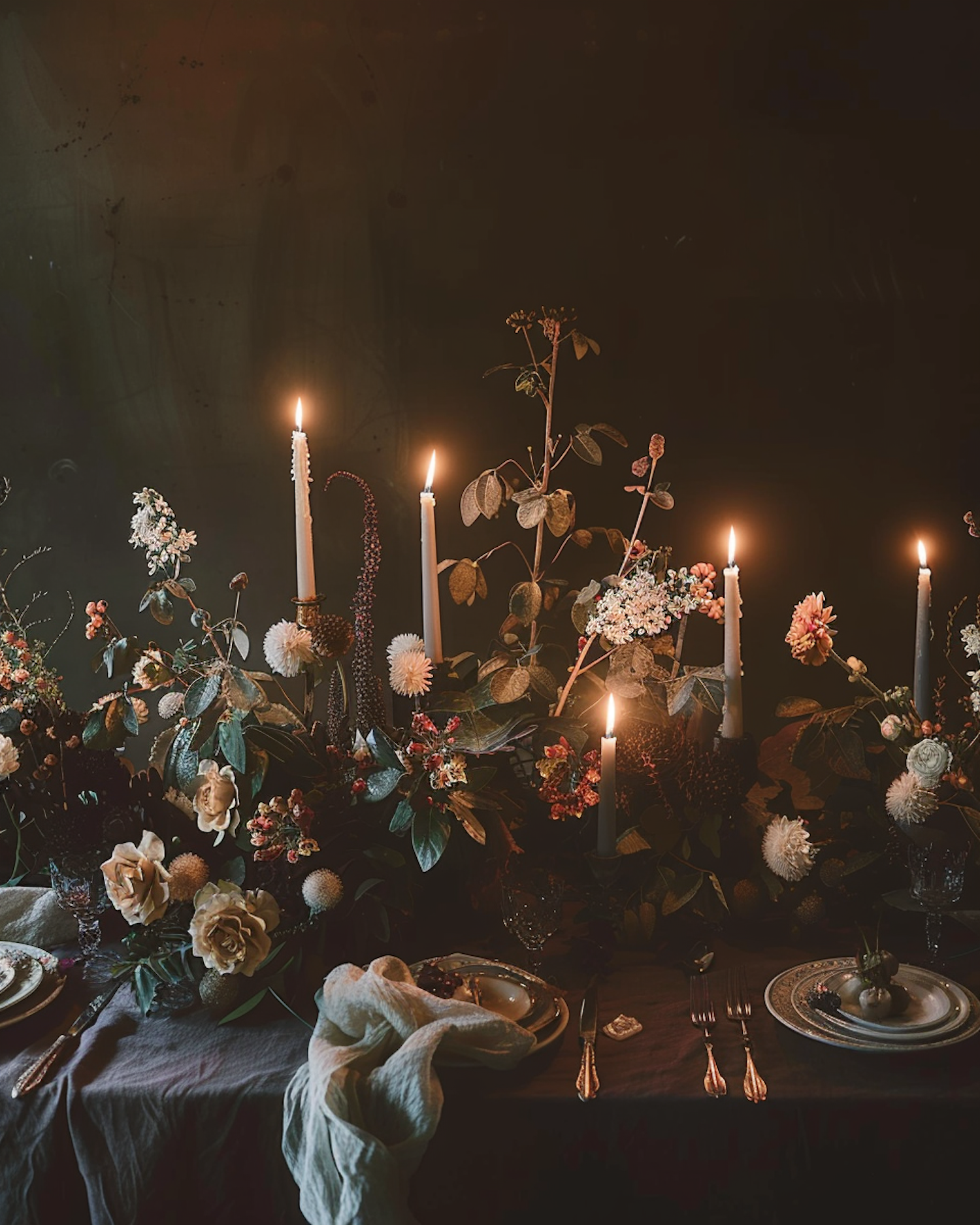 Elegant Dining Table with Flowers and Candles