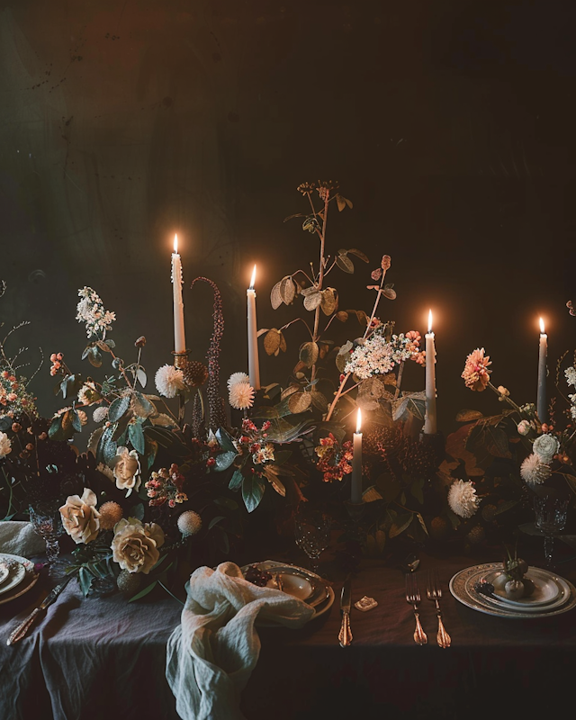 Elegant Dining Table with Flowers and Candles