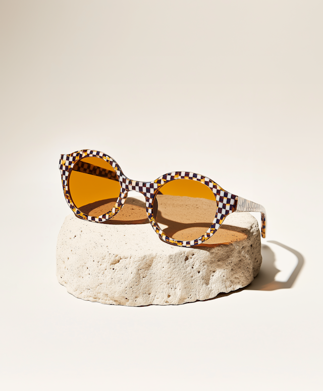 Checkered Sunglasses on Stone Pedestal