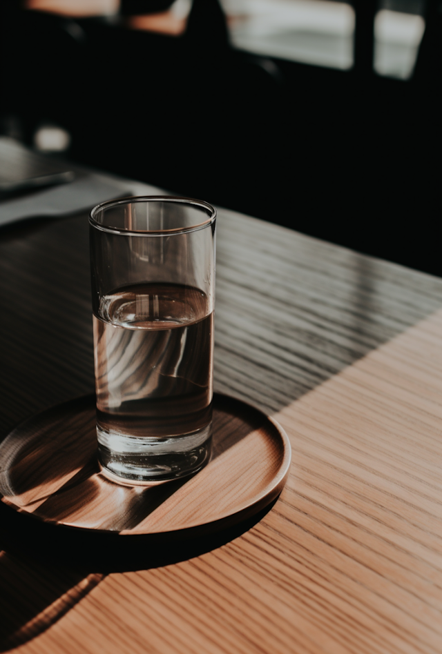 Tranquil Solitude: Half-Full Glass of Water on Wooden Surface