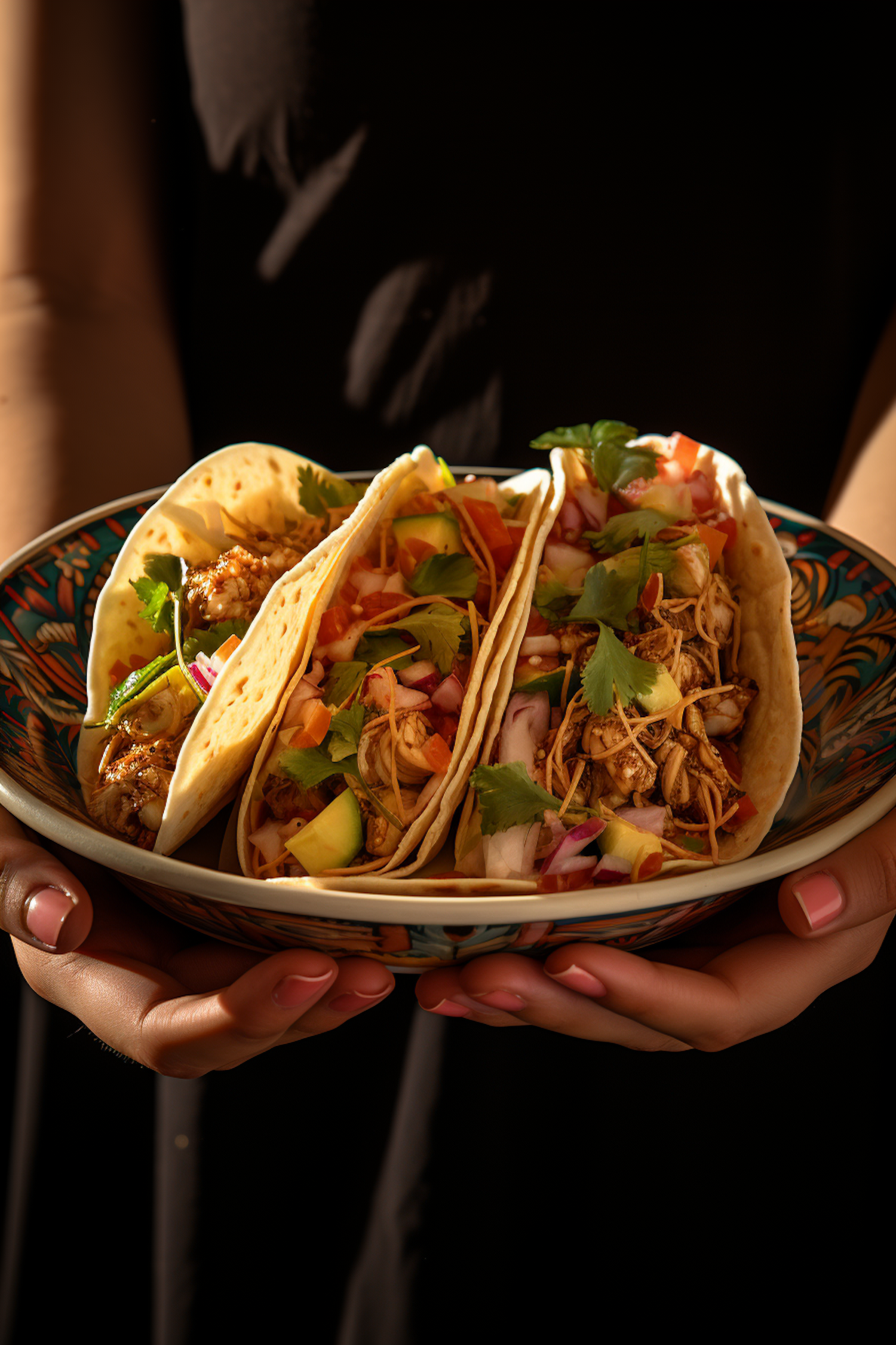 Hands Holding Festive Bowl with Chicken Tacos
