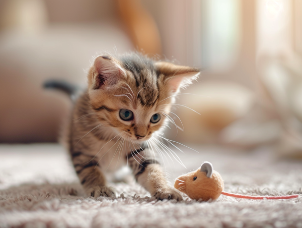 Striped Kitten Playing with Toy Mouse