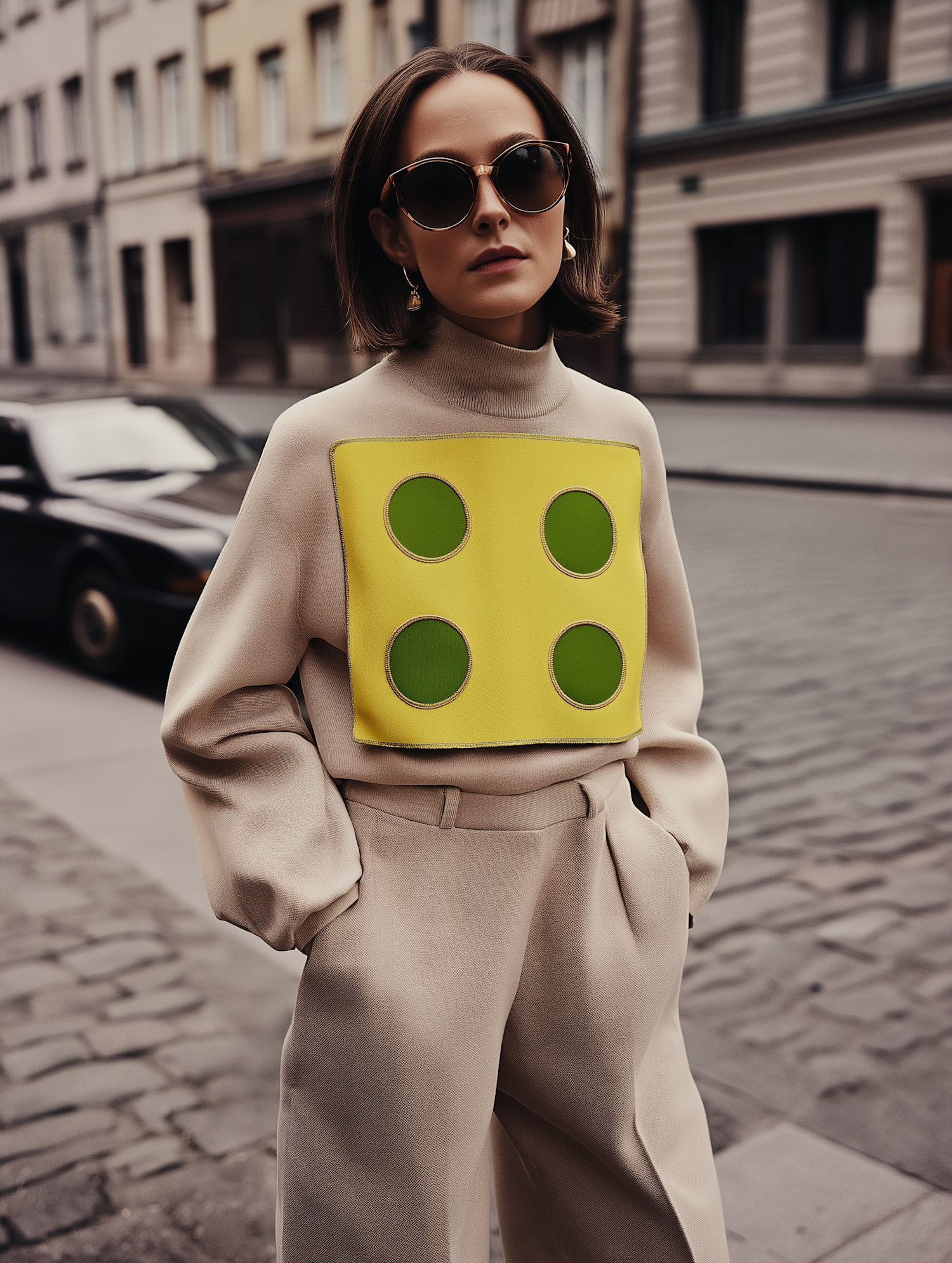 Stylish Woman on Cobblestone Street