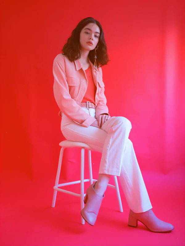 Woman in Pastel Pink Against Red