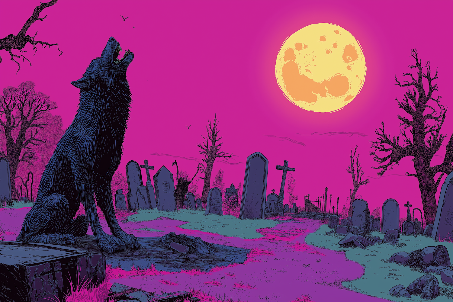 Wolf Howling at the Moon in a Graveyard