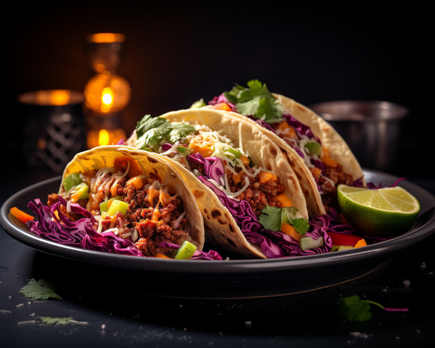 Sizzling Trio Tacos with Purple Cabbage and Zesty Lime