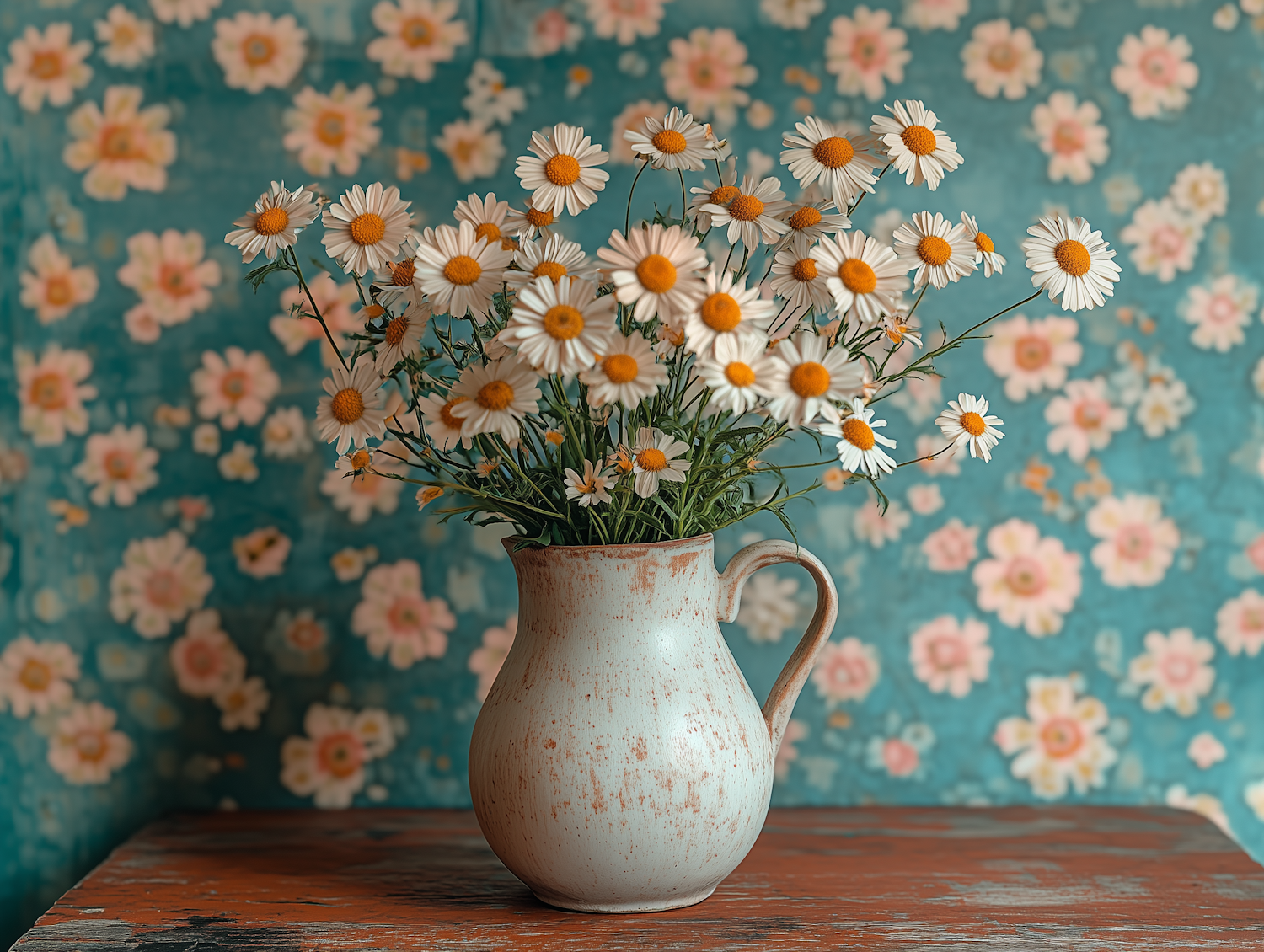 Rustic Ceramic Pitcher with Daisies