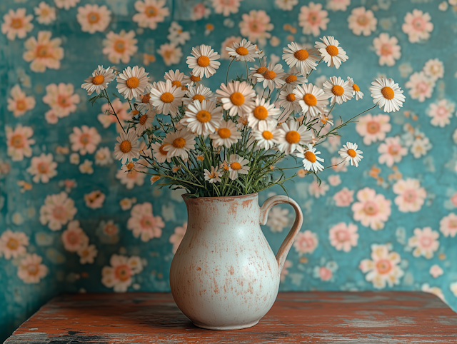 Rustic Ceramic Pitcher with Daisies