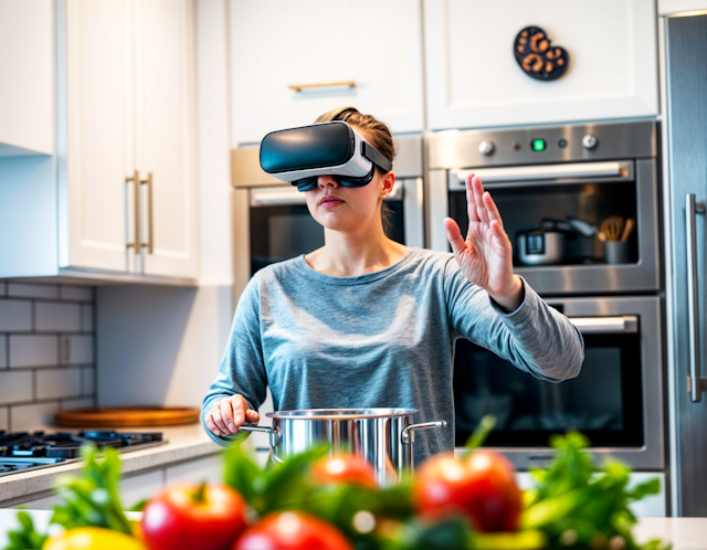 Woman in Modern Kitchen with VR Headset