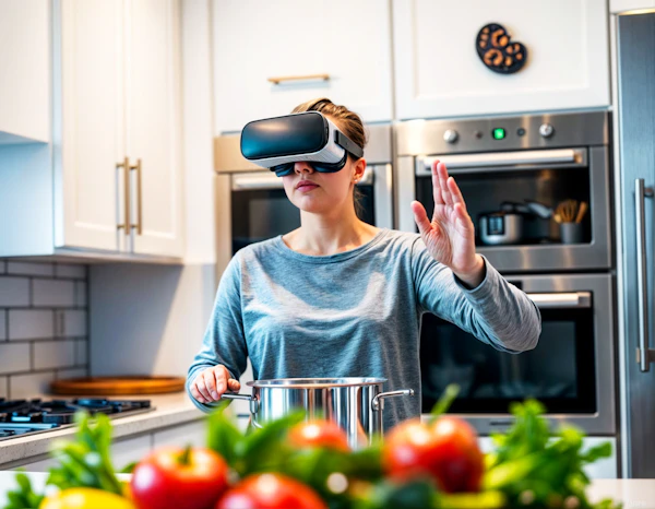 Woman in Modern Kitchen with VR Headset