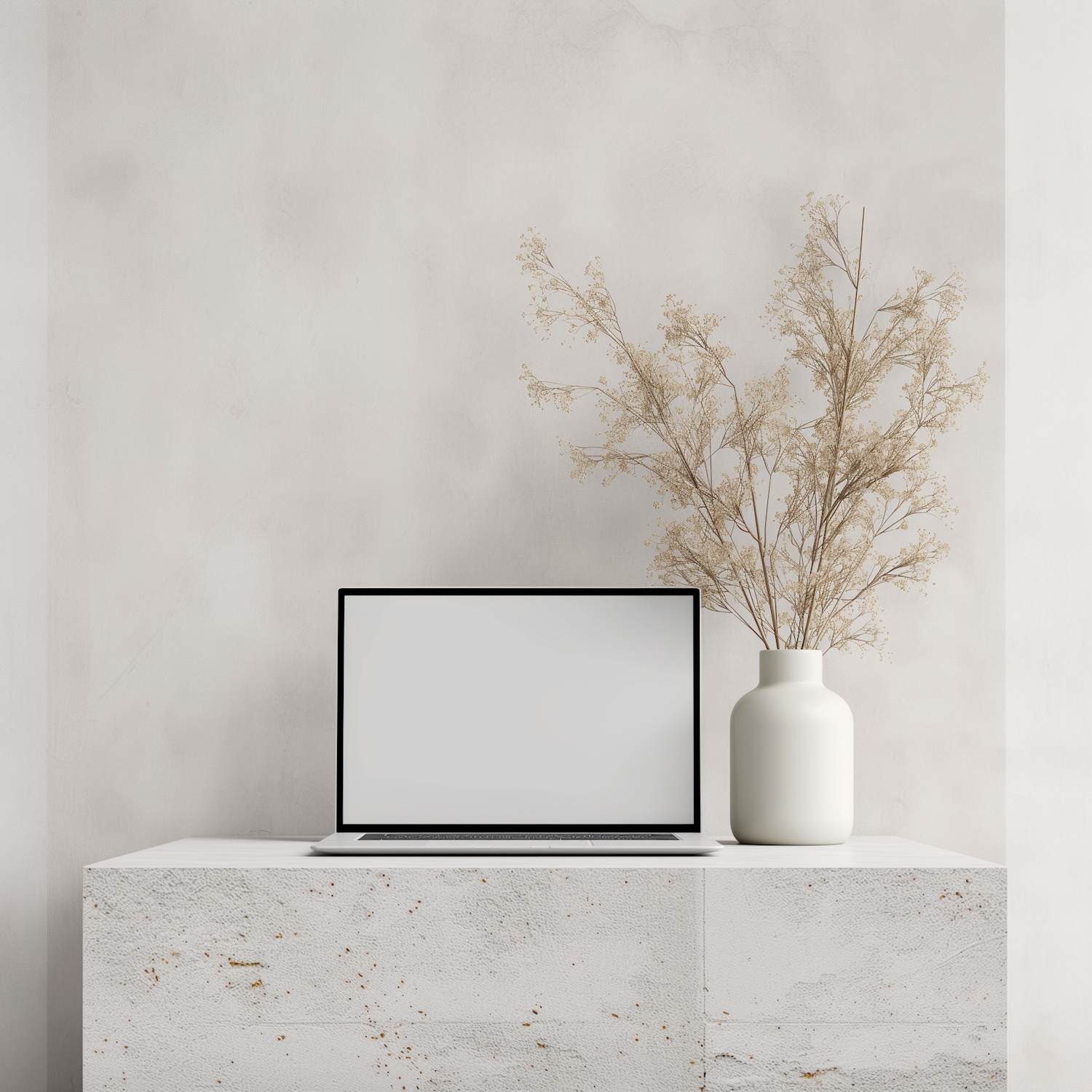 Serene Workspace with Laptop and Dried Flowers