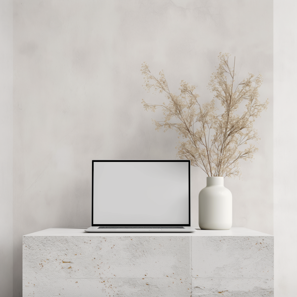 Serene Workspace with Laptop and Dried Flowers