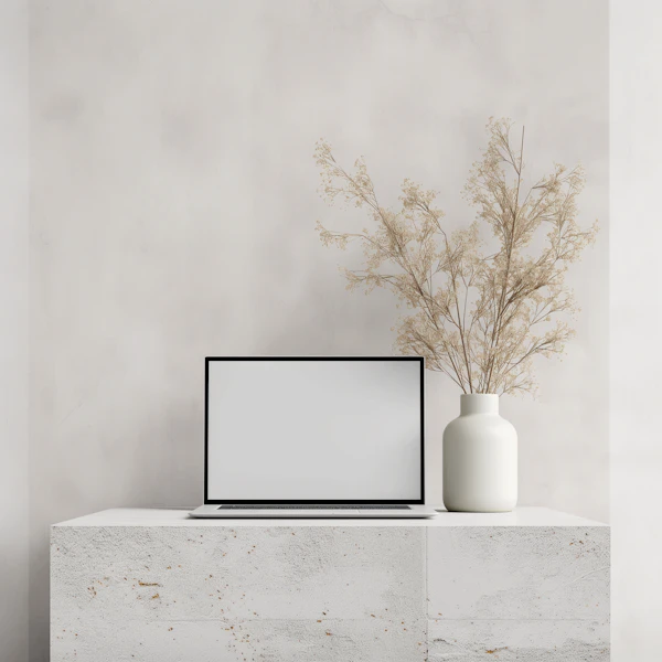 Serene Workspace with Laptop and Dried Flowers