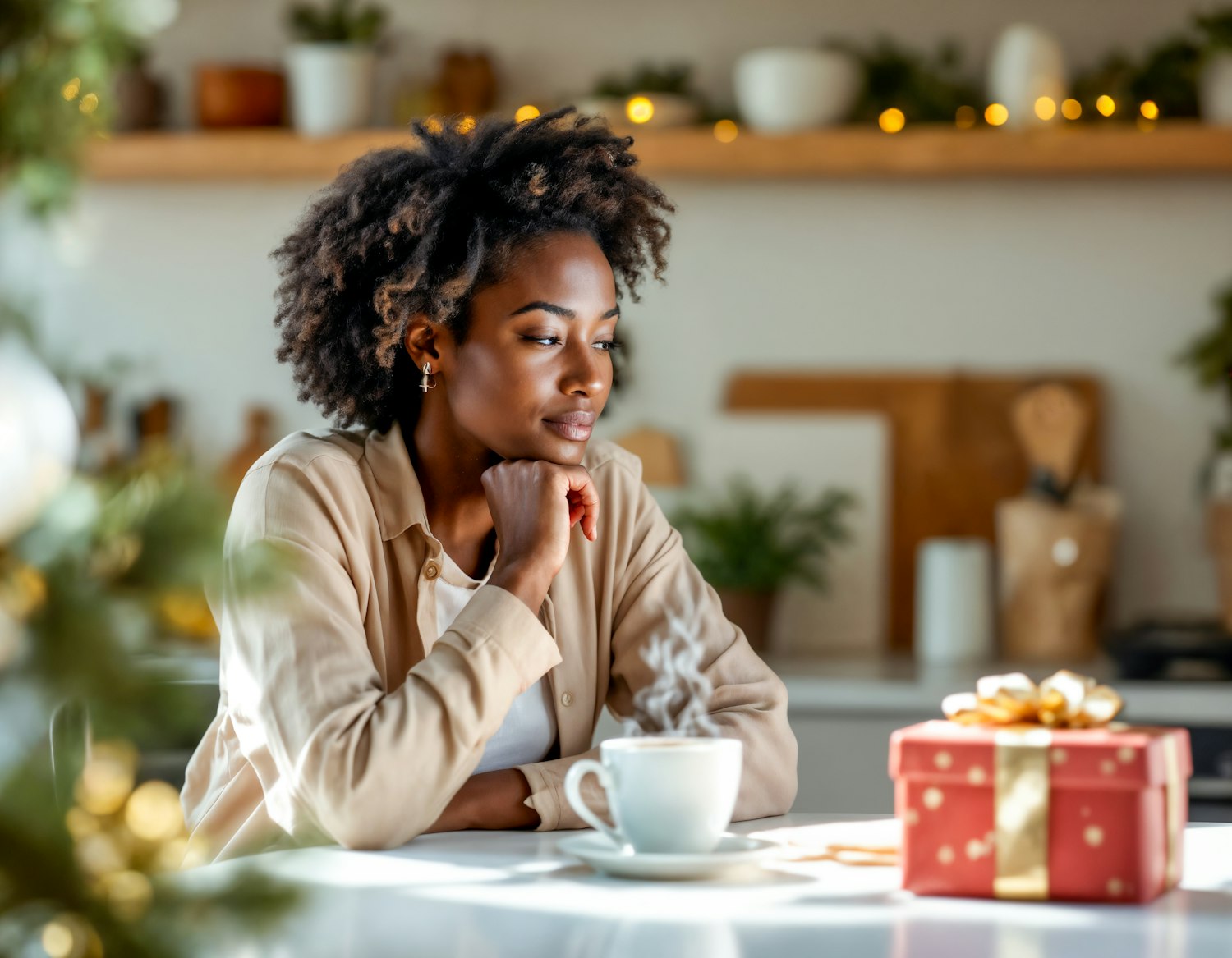 Thoughtful Woman with Coffee and Gift