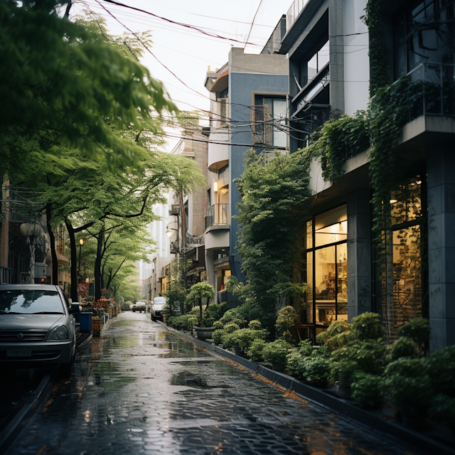 After Rain Serenity on a Lush City Street