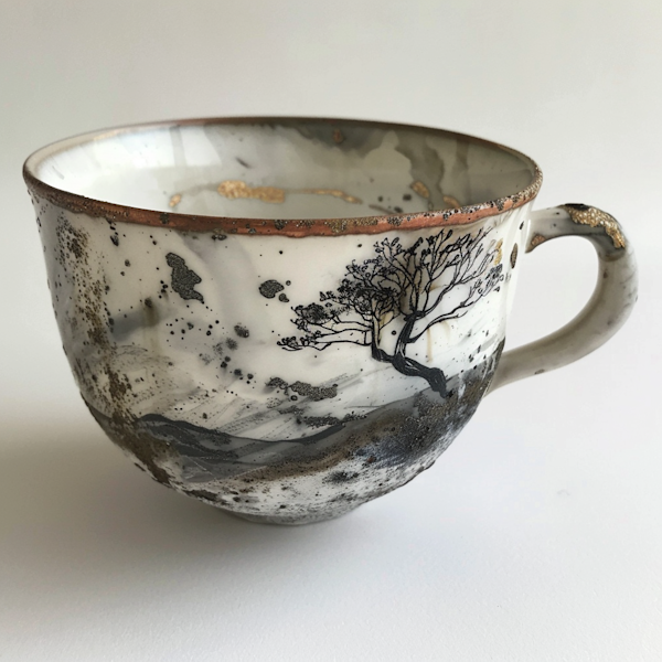 Elegant Monochrome Ceramic Cup with Gold Detailing