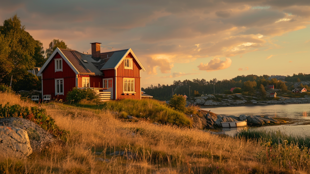 Serene Coastal Scene with Red Wooden House