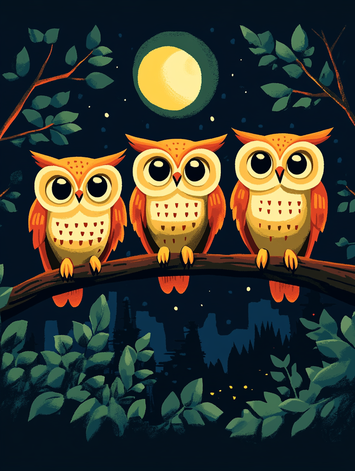 Cartoon Owls on a Branch