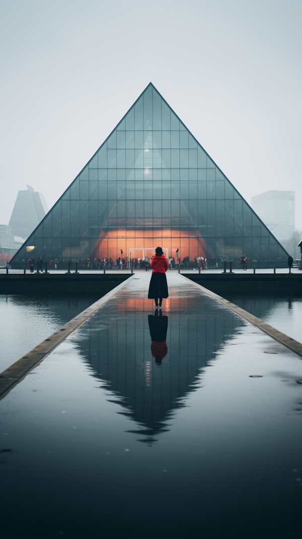 Solitary Figure in Red Before Misty Pyramid Reflection
