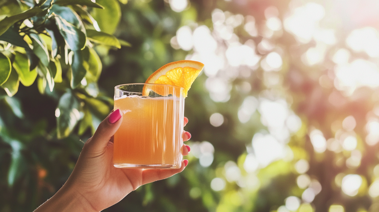 Hand Holding Orange Juice in Natural Setting