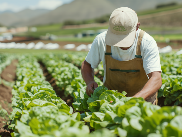 Elderly Male Farmer Tending Lettuce Field