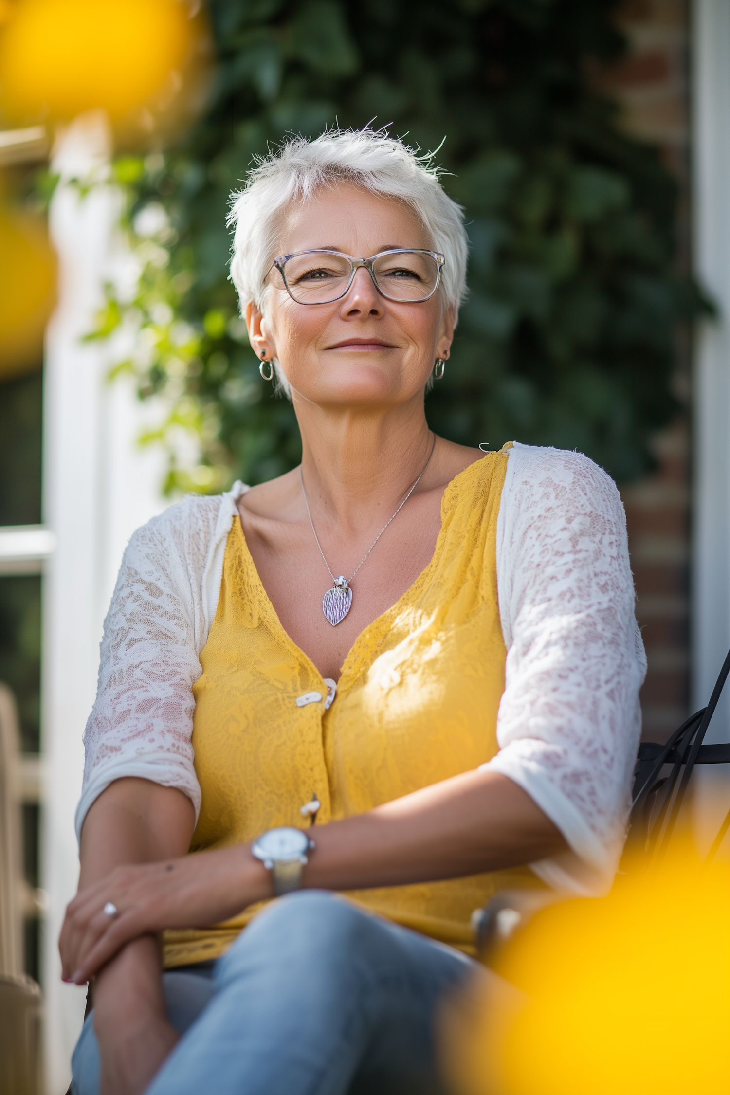 Woman in Yellow Top with Green Foliage Background