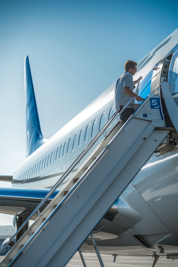 Man Boarding Airplane on Sunny Day