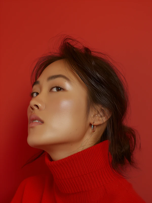 Red Monochrome Portrait of Asian Woman
