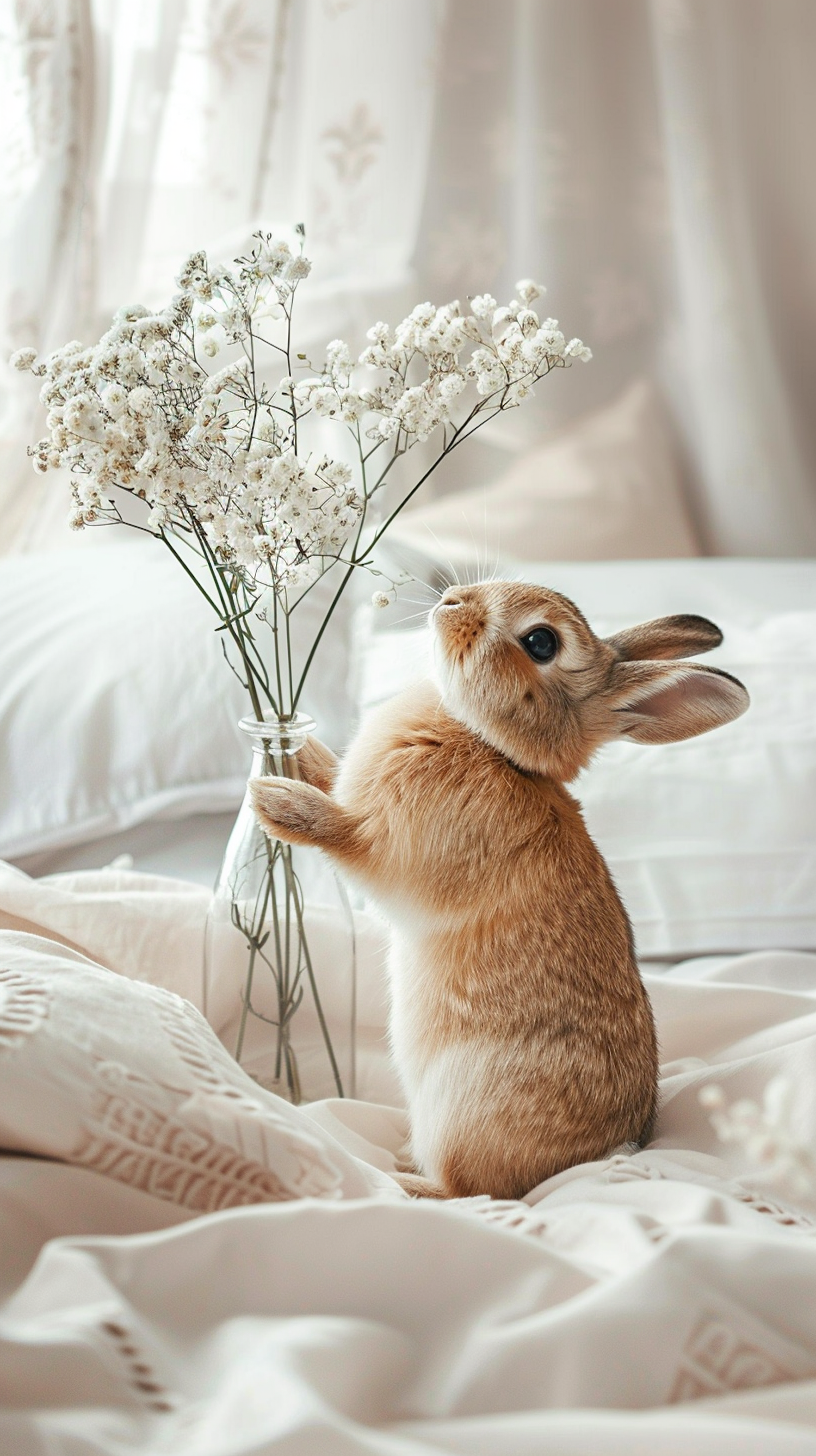 Curious Rabbit with Vase of Flowers