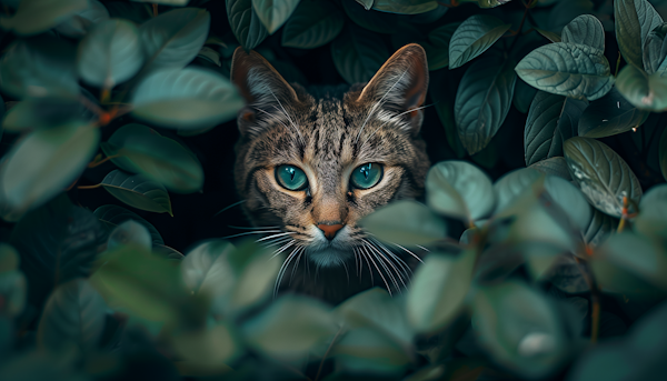 Cat Peeking Through Leaves