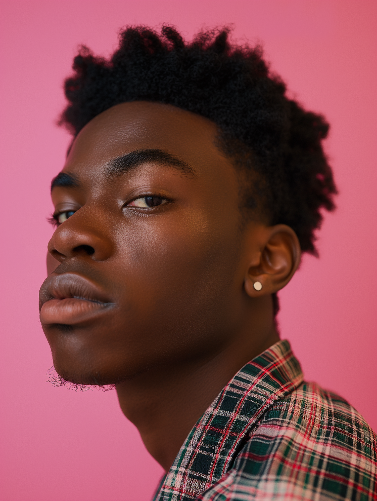 Contemplative Young Man with Plaid Garment