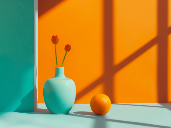 Minimalistic Still Life with Turquoise Vase and Orange Tulips