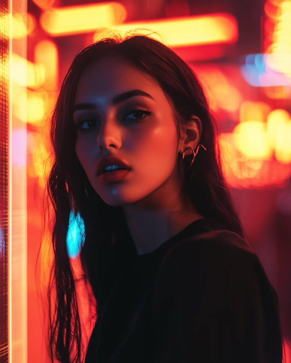 Contemplative Woman in Neon Lights