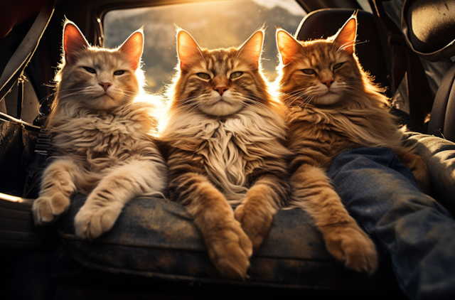 Regal Feline Trio Basking in Golden Sunlight