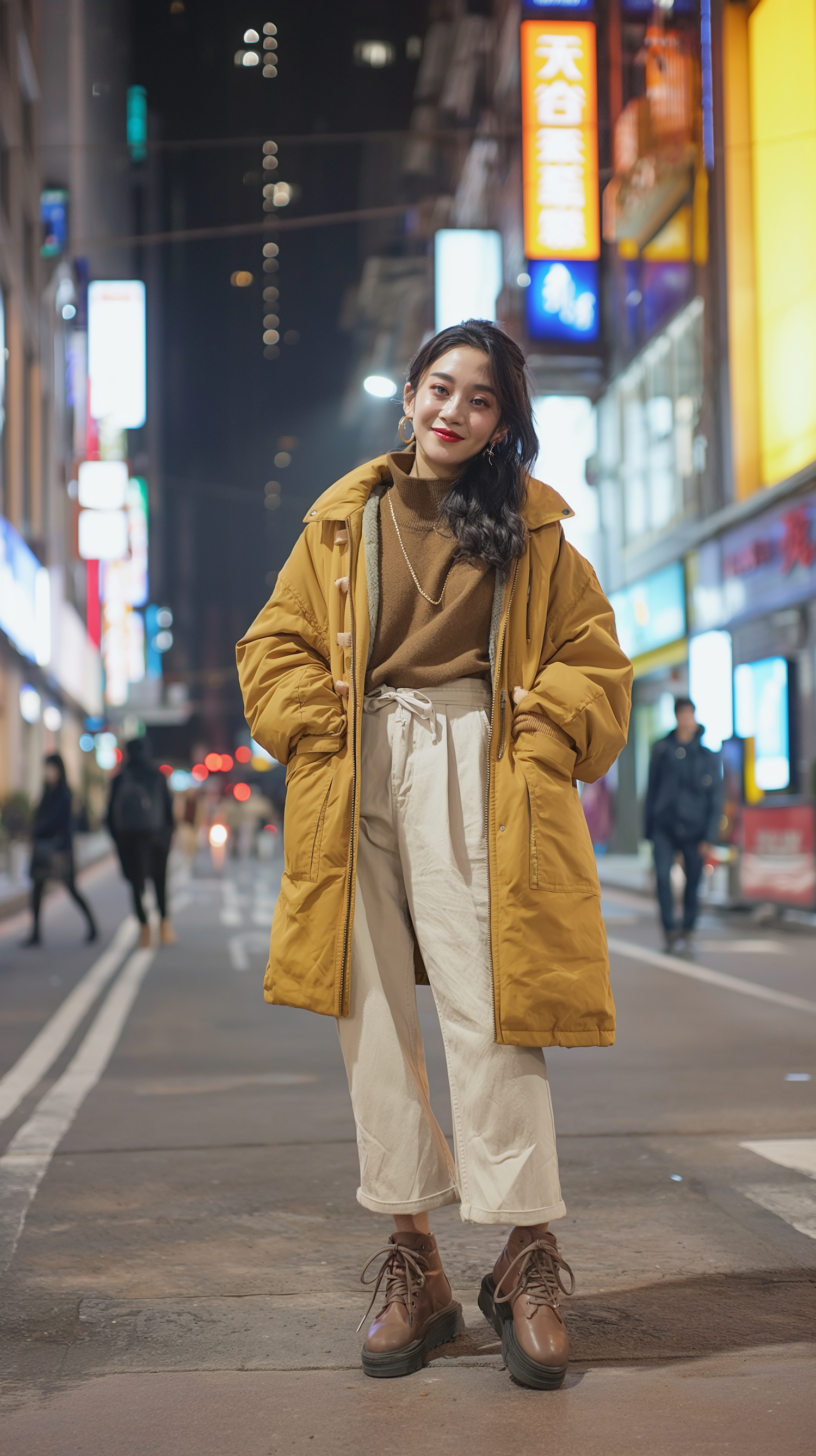 Confident Woman in Winter Fashion on Neon-Lit City Street