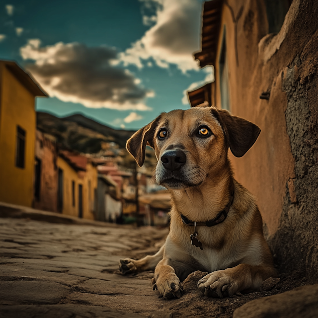 Curious Dog on Cobblestone Street