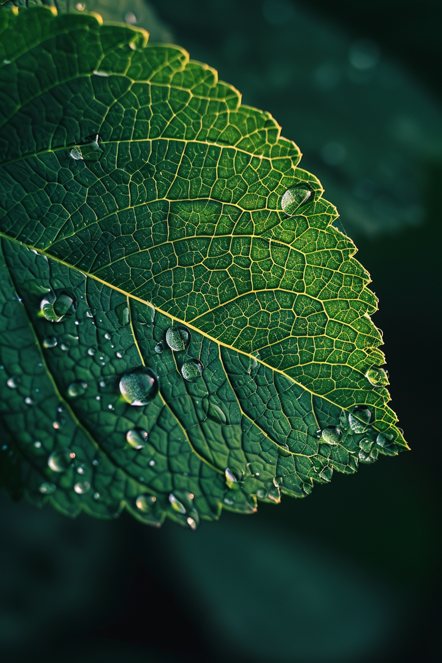 Dew on Textured Green Leaf