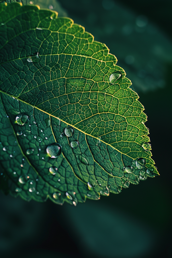 Dew on Textured Green Leaf