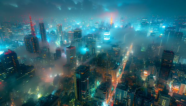 Aerial Night Cityscape with Neon Lights