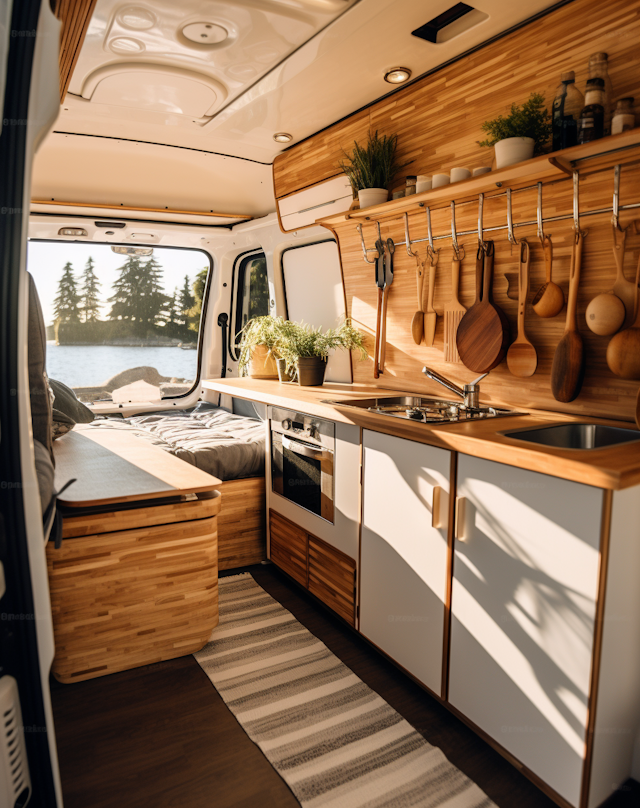 Cozy Explorer: Modern Camper Van Interior with Homely Touches