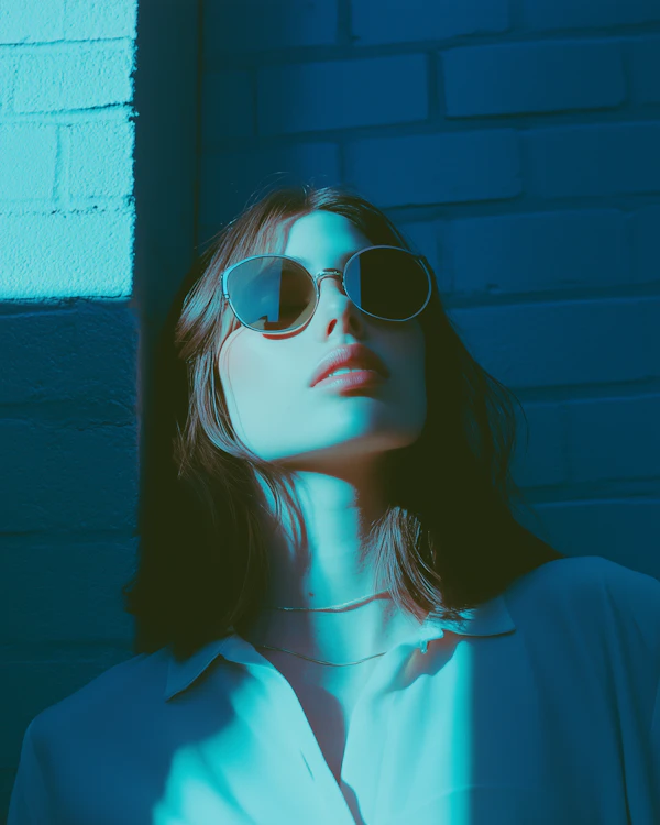 Woman Against Brick Wall with Blue Hue