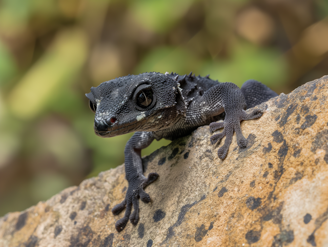 Close-Up of Black Gecko on Rock