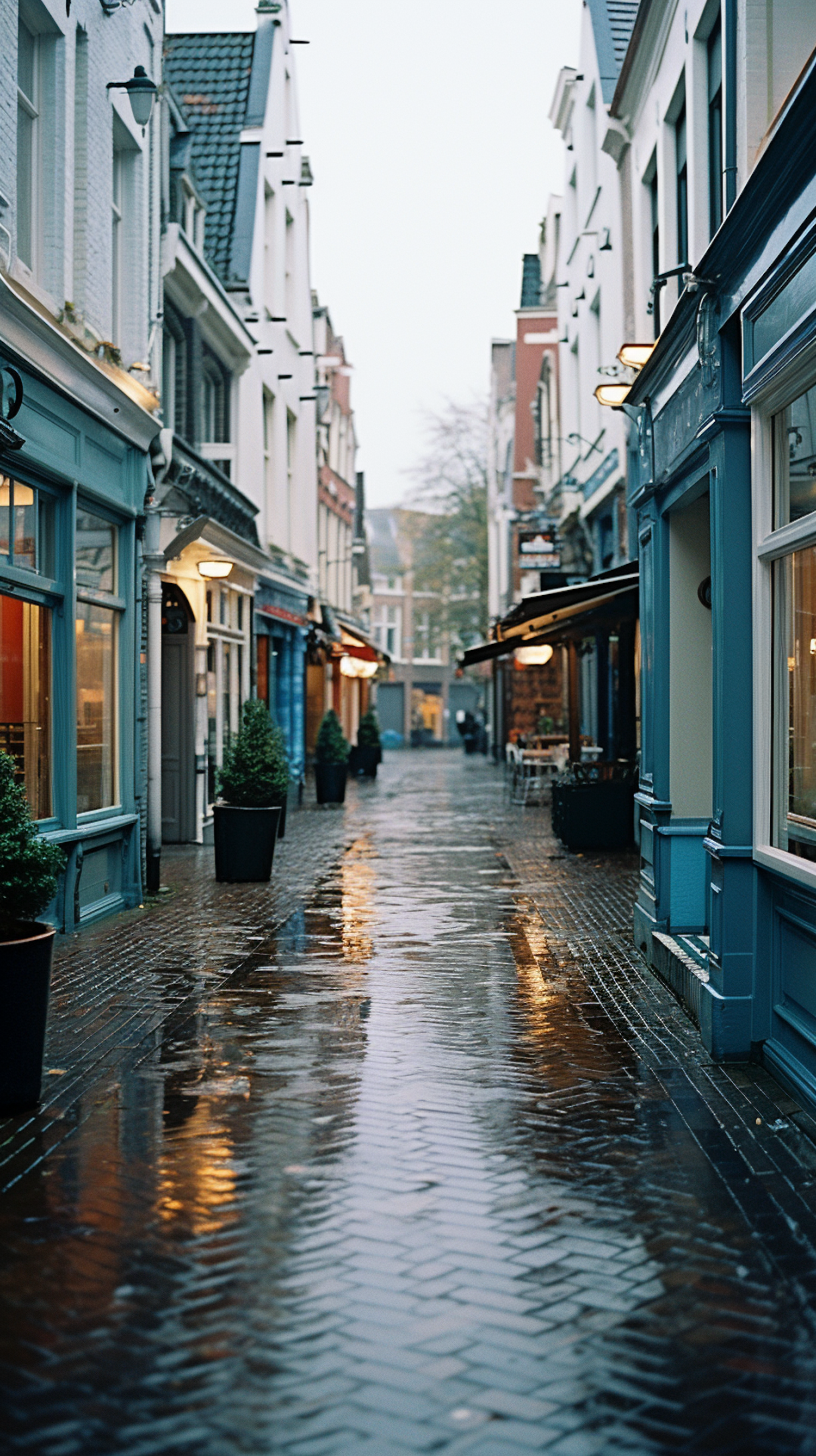 Rain-Soaked Cobblestone Street with Dutch-Inspired Architecture