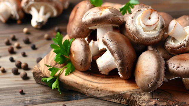 Fresh Mushrooms on Wooden Surface