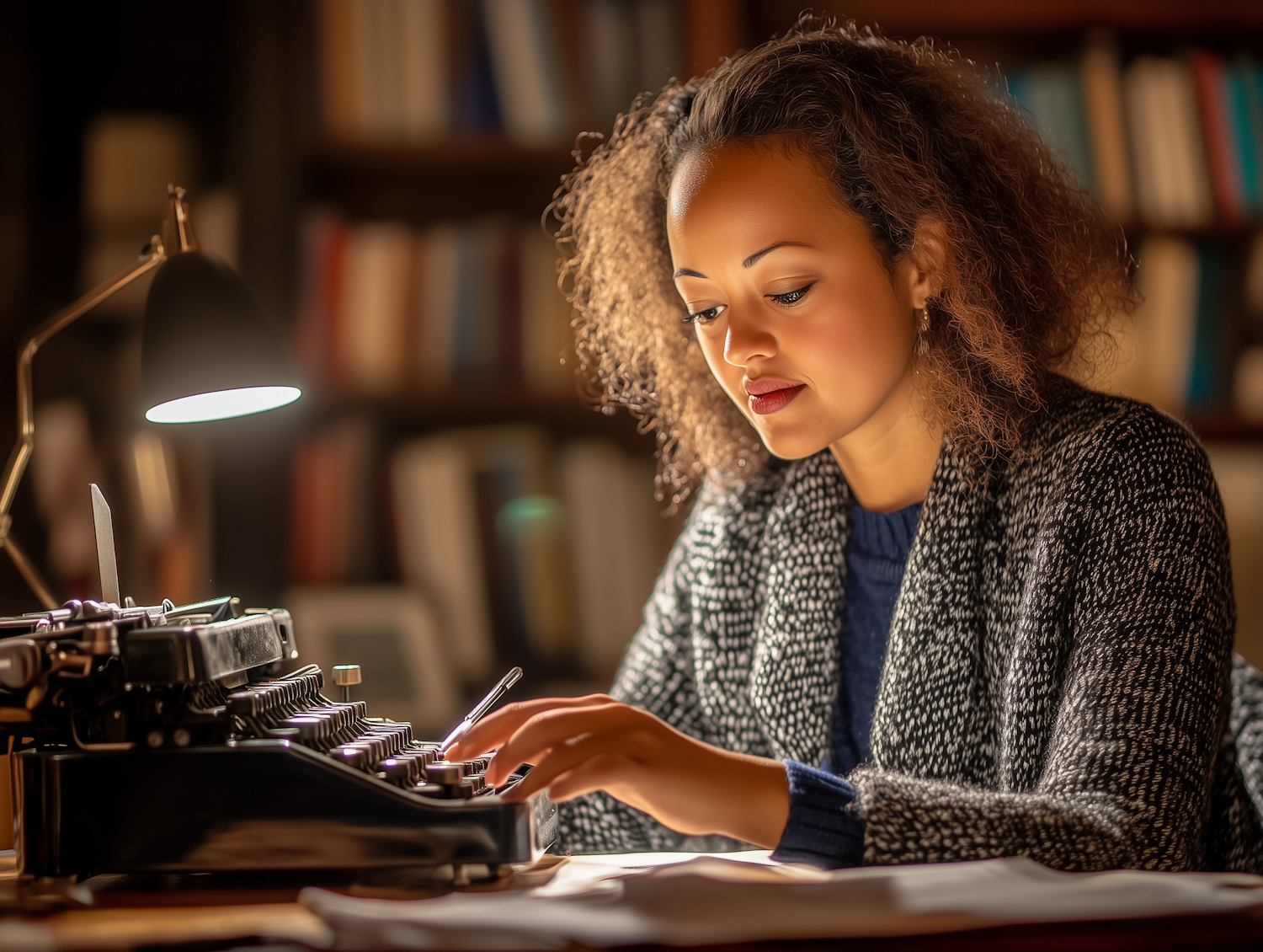 Woman Typing on Vintage Typewriter