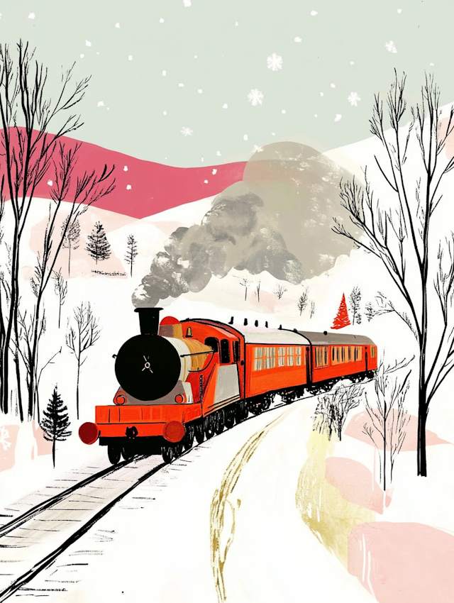 Vibrant Red Train in Snowy Landscape