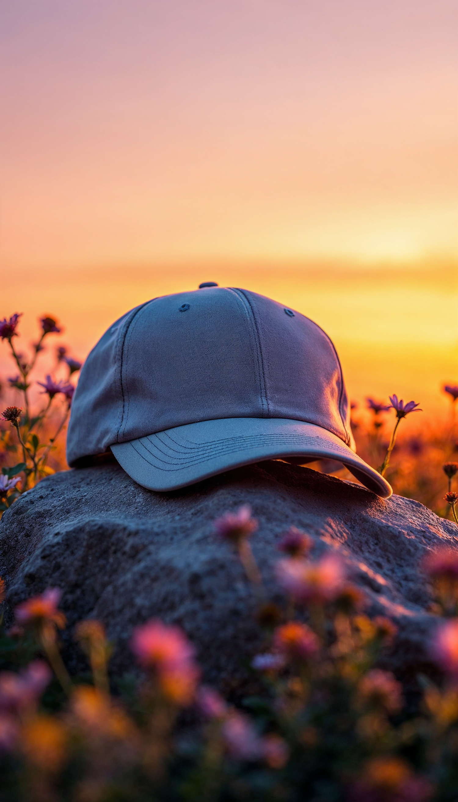 Baseball Cap in Wildflower Field at Sunset