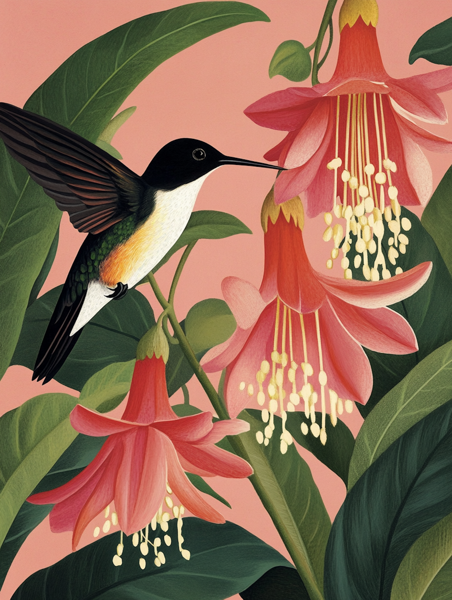 Hummingbird and Pink Flowers